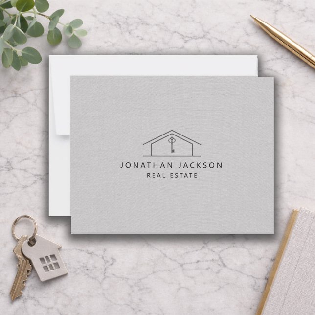 Modern Realtor Home Logo Gray Faux Linen Anteckningskort (Skapare uppladdad)