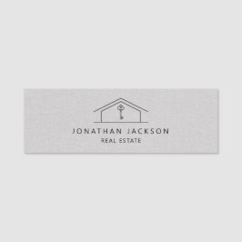 Modern Realtor Home Logo Gray Faux Linen Namnbricka