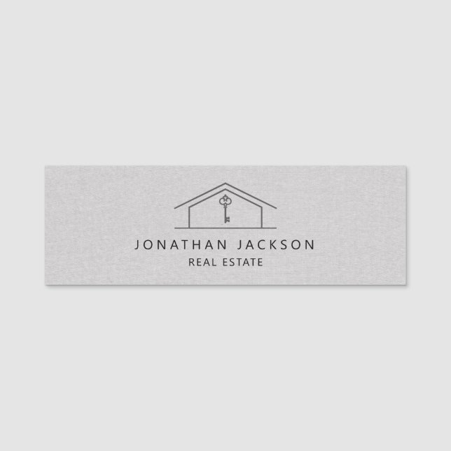 Modern Realtor Home Logo Gray Faux Linen Namnbricka (Framsida)