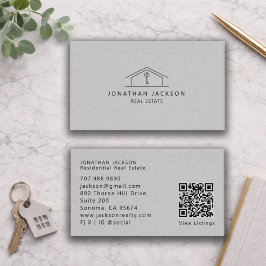Modern Realtor Home Logo Gray Faux Linen Visitkort