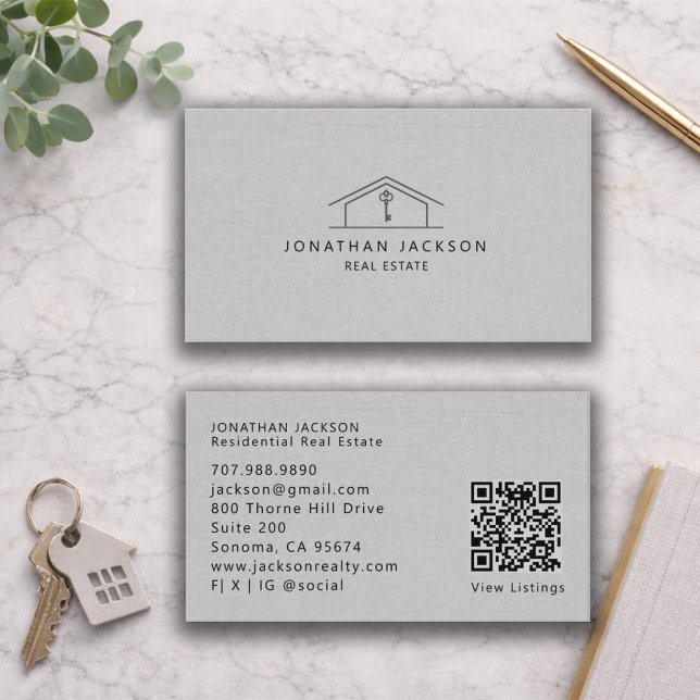 Modern Realtor Home Logo Gray Faux Linen Visitkort (Skapare uppladdad)