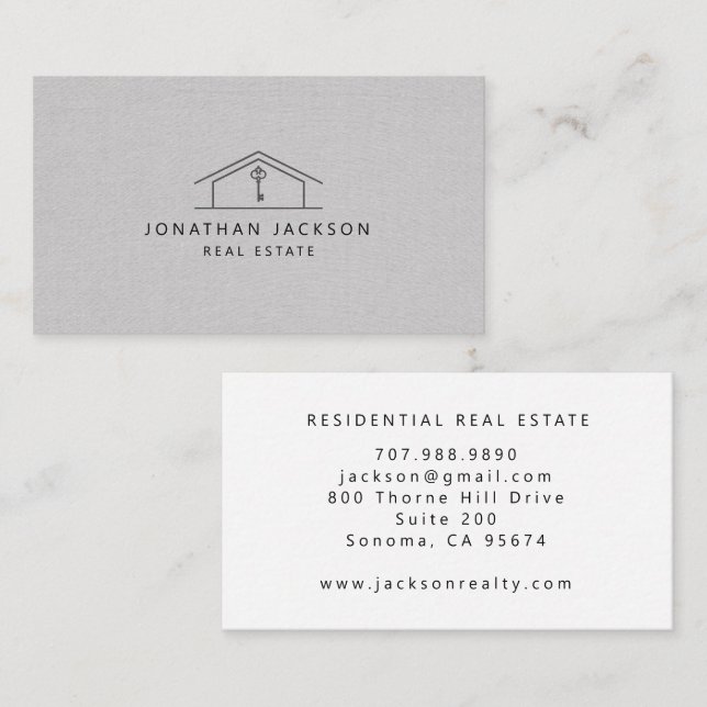 Modern Realtor Home Logo Gray Faux Linen Visitkort (Fram/baksida)