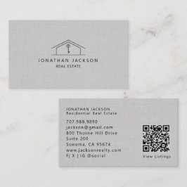Modern Realtor Home Logo Gray Faux Linen Visitkort