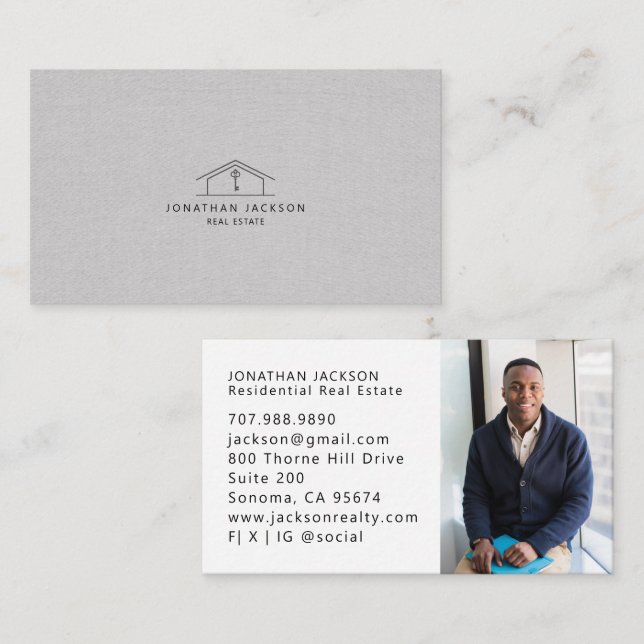 Modern Realtor Home Logo Photo Gray Faux Linen Visitkort (Fram/baksida)