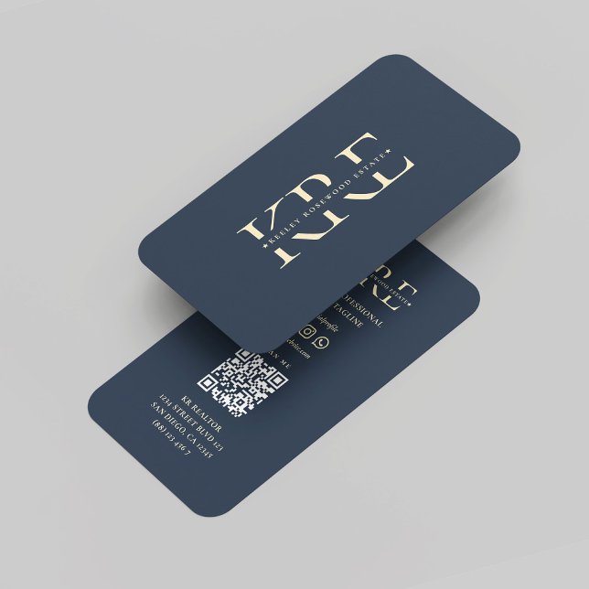Modern Realtor Monogram Real Gods Mörk blått Visitkort (Modern Realtor Monogram Real Estate Dark Blue Gold Professional Marketing QR Code Business Card
)