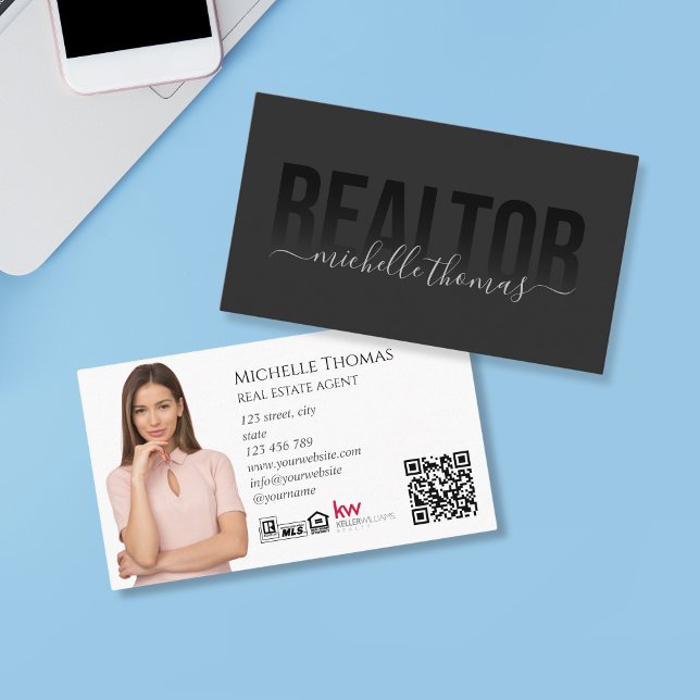Modern Realtor Real Gods Agent-fotokod QR Visitkort (modern black typography)