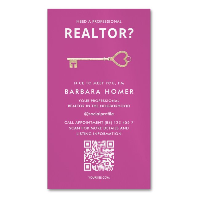 Modern Realtor Real Gods Agent Rosa QR Magnetiska Visitkort (Framsida vertikal)