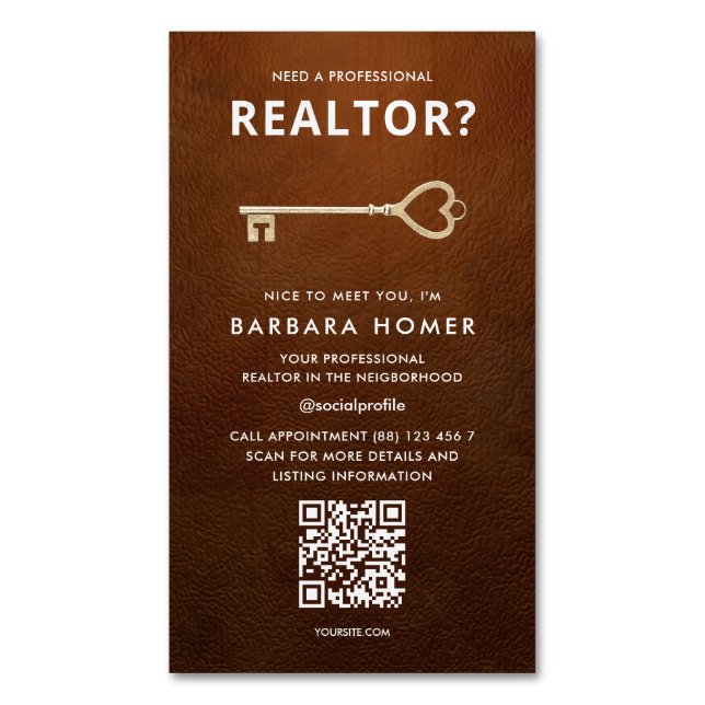 Modern Realtor Real Gods Leather Möte QR Magnetiska Visitkort (Framsida vertikal)