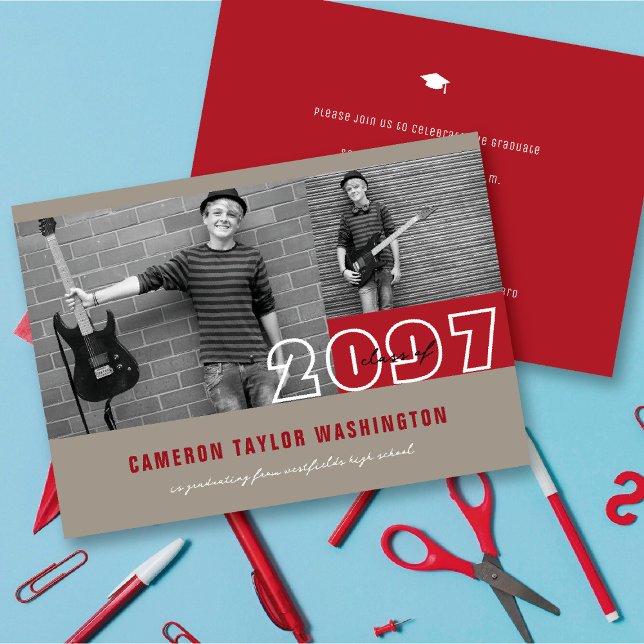 Modern Red 2-fotoblock Enkel Studentfest Inbjudningar (Modern Red 2 Photo Blocks Simple Graduation Announcement & Party Invitation @ fatfatin)