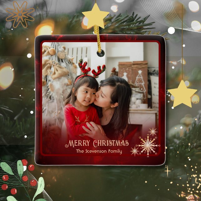 Modern Red 2 Photos Family jul Julgransprydnad Keramik (Modern Red 2 Photos Family Christmas Ceramic Ornament)