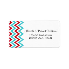 Modern Red and Aqua Chevron & Lovebird Bröllop Adressetikett