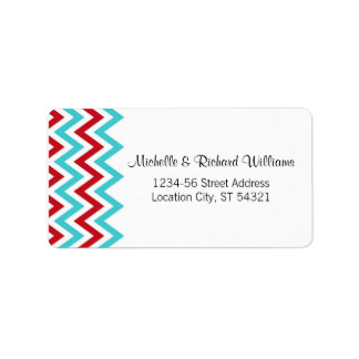 Modern Red and Aqua Chevron & Lovebird Bröllop Adressetikett