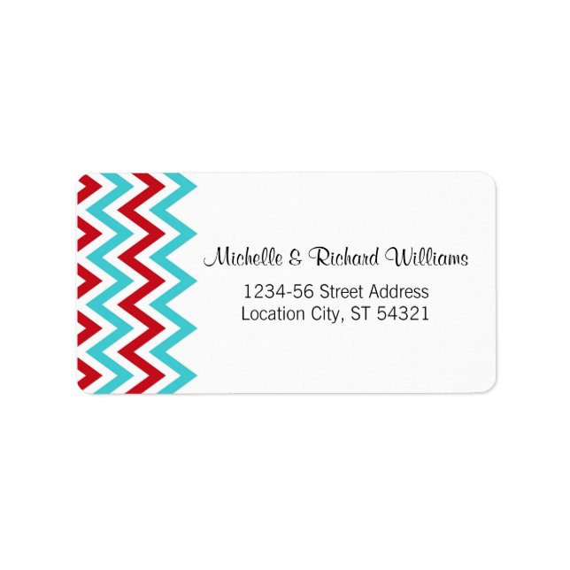 Modern Red and Aqua Chevron & Lovebird Bröllop Adressetikett (Framsidan)