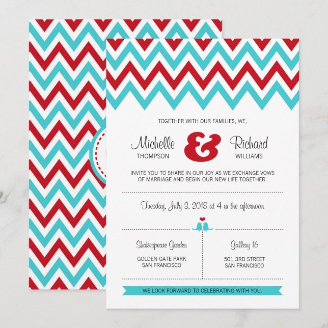 Modern Red and Aqua Chevron & Lovebird Bröllop Inbjudningar (Fram/baksida)