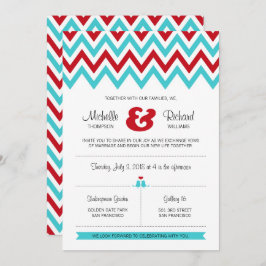 Modern Red and Aqua Chevron & Lovebird Bröllop Inbjudningar