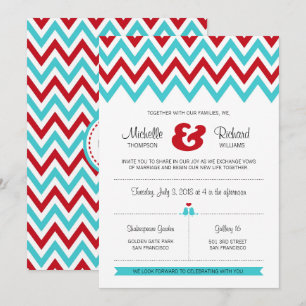 Modern Red and Aqua Chevron & Lovebird Bröllop Inbjudningar