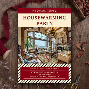 Modern Red and Beige Houseuppvärmning Party Photo Inbjudningar