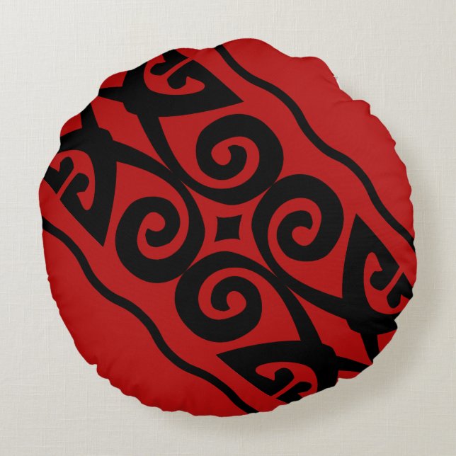 Modern Red and Black Mönster Rund Kudde (Baksidan)