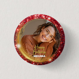 Modern Red and Gold Glitter Photo Name Birthday Knapp