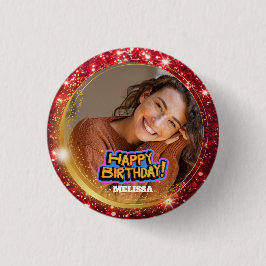 Modern Red and Gold Glitter Photo Name Birthday Knapp
