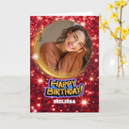 Modern Red and Gold Glitter Photo & Name Birthday Kort
