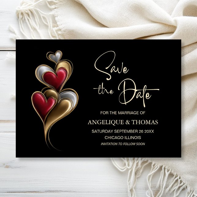 Modern Red and Gold Hearts Wedding Save the Date Spara Datumet (Skapare uppladdad)