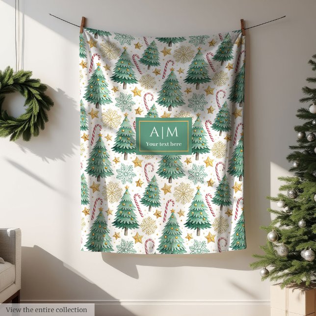 Modern red and green watercolor Christmas trees Fleecefilt (Elegant red and gold watercolor Christmas trees blanket)