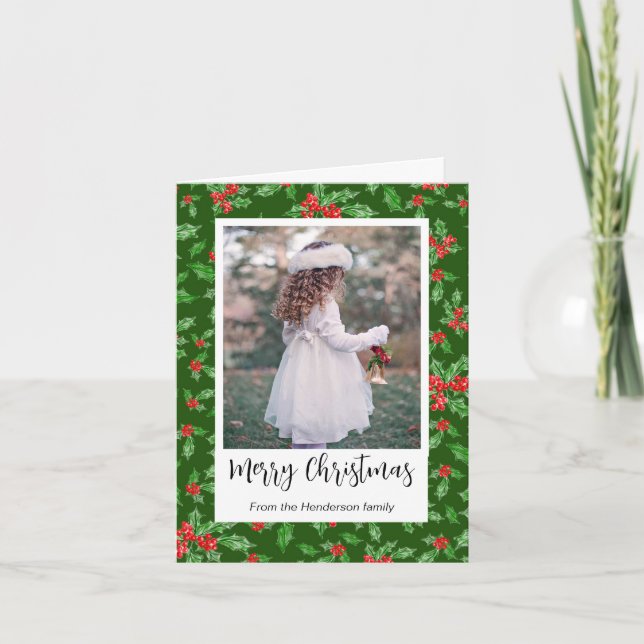 Modern Red and Grönt Holly God jul Photo Helgkort (Framsida)