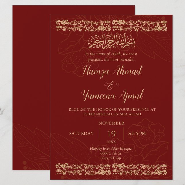 Modern Red and Guld Muslim Islamic Bröllop Nikkah Inbjudningar (Fram/baksida)