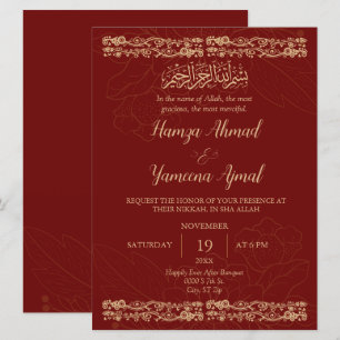Modern Red and Guld Muslim Islamic Bröllop Nikkah Inbjudningar