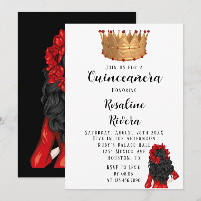 Modern Red and Guld Quinceanera Birthday Inbjudningar (Fram/baksida)