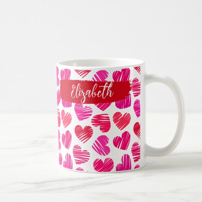 Modern Red and Rosa Doodled Hearts Valentine Namn Kaffemugg (Höger)