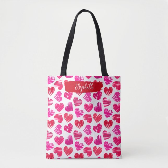 Modern Red and Rosa Doodled Hearts Valentine Namn Tygkasse (Framsida)