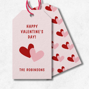 Modern Red and Rosa Hearts Valentine Day Anpassnin Presentetikett