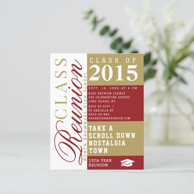 Modern red and tan School Class Reunion Invitation (Stående Fram)