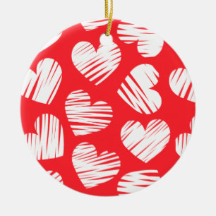 Modern Red and White Doodled Heart Valentine Day Julgransprydnad Keramik
