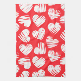 Modern Red and White Doodled Heart Valentine Day Kökshandduk