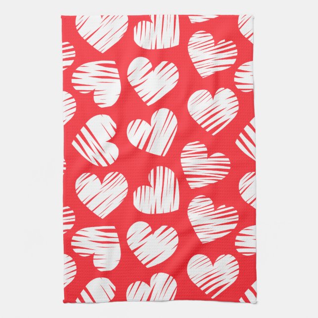 Modern Red and White Doodled Heart Valentine Day Kökshandduk (Vertikal)