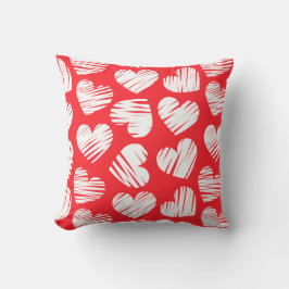 Modern Red and White Doodled Heart Valentine Day Kudde