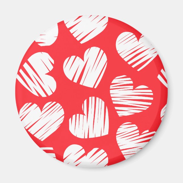 Modern Red and White Doodled Heart Valentine Day Magnet (Framsidan)