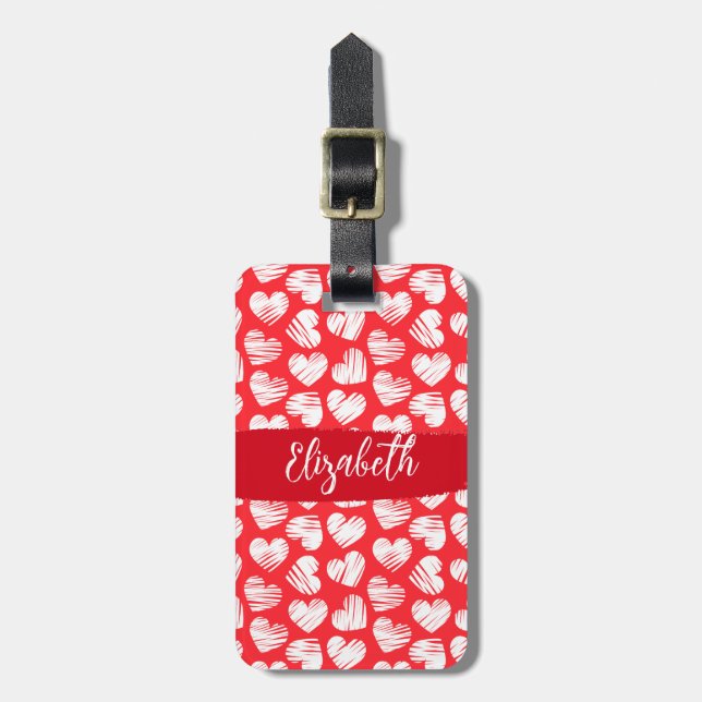 Modern Red and White Doodled Heart Valentine Namn Bagagebricka (Vertikal Framsida)