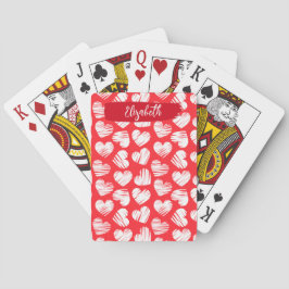 Modern Red and White Doodled Heart Valentine Namn Casinokort