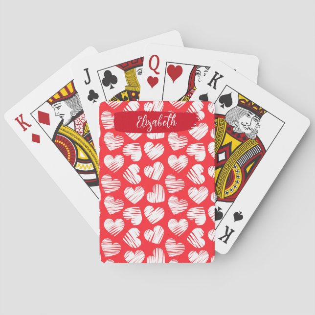 Modern Red and White Doodled Heart Valentine Namn Casinokort (Baksidan)