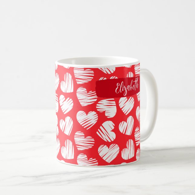 Modern Red and White Doodled Heart Valentine Namn Kaffemugg (Framsida höger)