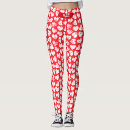 Modern Red and White Doodled Heart Valentine Namn Leggings