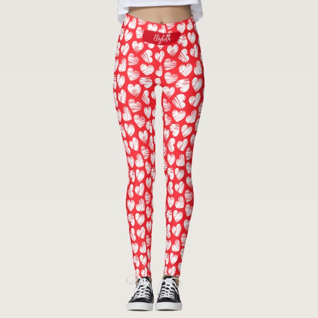 Modern Red and White Doodled Heart Valentine Namn Leggings (Framsida)