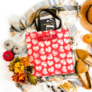 Modern Red and White Doodled Heart Valentine Namn Tygkasse
