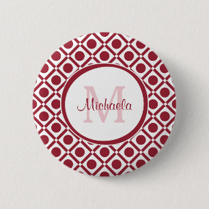 Modern Red and White Geometric Monogram och Namn Knapp