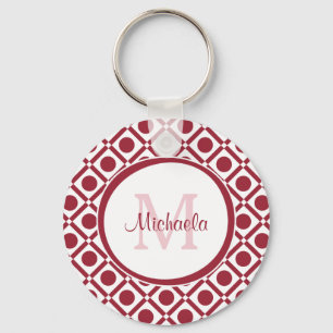 Modern Red and White Geometric Monogram och Namn Nyckelring