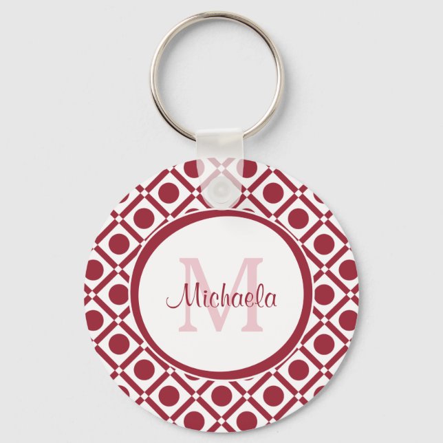 Modern Red and White Geometric Monogram och Namn Nyckelring (Framsida)